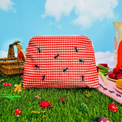 A smell proof stash bag from A Shop of Things in a gingham print with ants, one of our best products for Memorial Day Weekend